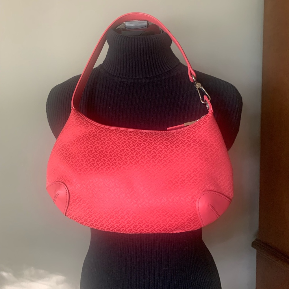 Talbots Shoulder Bag Purse Leather Trim Straps Coral Salmon